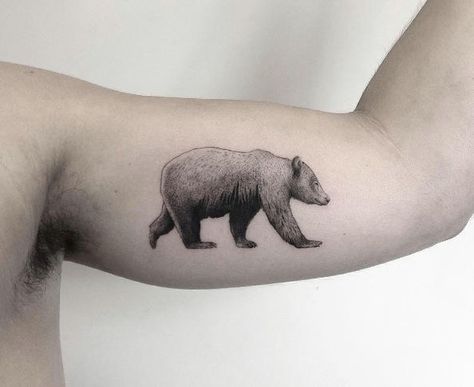 Tattoo Bicep, Black Bear Tattoo, Grizzly Bear Tattoos, Tattoo Elbow, Pirate Ship Tattoos, Black And Gray Ink Tattoo, Grey Ink Tattoos, Bear Tattoo Designs, Mother Nature Tattoos