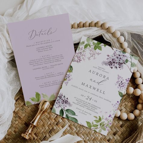 Lilac And Sage Wedding Invitations, Violet Wedding Invitations, Wedding Invitation Romantic, Lilac And Green Wedding Theme, Lilac Boho Wedding, Sage Green And Lilac Wedding, Lavender Invitations, Lilac Wedding Decorations, Boho Reception