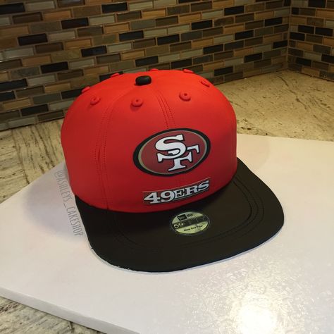 49er Cake Ideas, Hat Cake For Men, San Francisco 49ers Cake, 49ers Birthday Party, 49ers Party, 49ers Cake, 49ers Hat, Superbowl Cake, Men Cakes