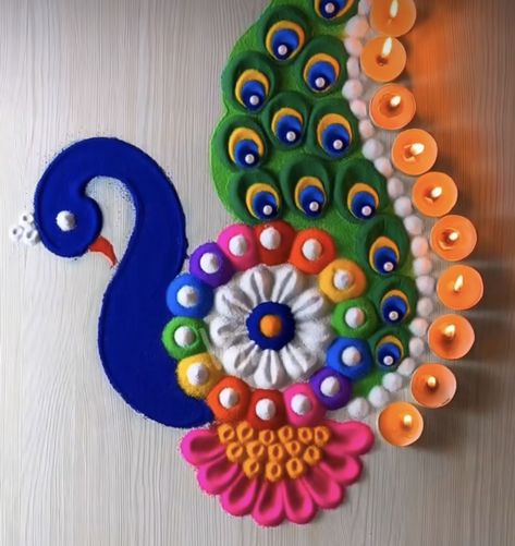 Flower Design Rangoli Beautiful, Rangoli Designs Latest Peacock, Peacock Rangoli Designs Diwali Latest, Rangoli Designs Latest Unique For Diwali, Card Tattoos, Creative Rangoli, Diya Rangoli, Diwali Pooja, Easy Rangoli Designs Videos