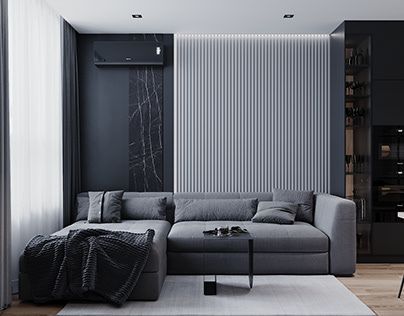 Warm grey& Orange Apartment on Behance Luxury Bedroom Apartment, Apartment Makeover, Modern Luxury Bedroom, Wall Panelling, Acoustic Wall Panels, Acoustic Wall, Luxury Bedroom, Dark Interiors, Slat Wall