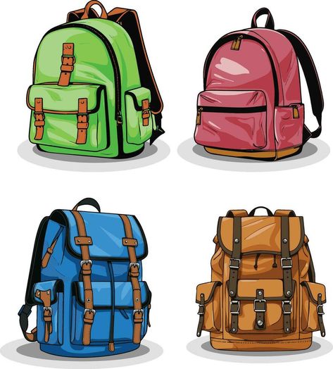 Set of different school backpack and schoolbag. Back to school, collection of children bags with stationary, textbooks. Hand drawn vector illustration Backpack Illustration, Assignment Ideas, Backpack Drawing, Bag Illustration, Pack Backpack, Drawing Bag, School Collection, Hand Drawn Vector Illustrations, Unique Drawings