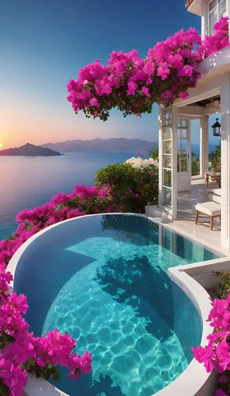 Dream Backyard Pool, Dream Life House, Pretty Landscapes, Mykonos Greece, Dream Travel Destinations, Dream Backyard, Dream Holiday, Bougainvillea, Vacation Places