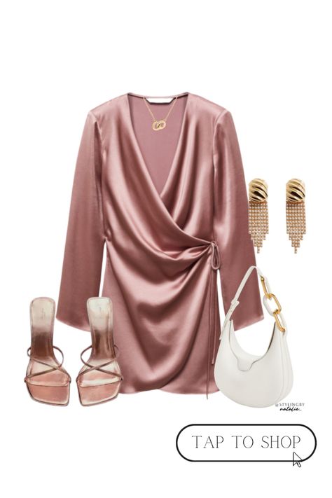 Rose gold satin wrap dress with long sleeves & v neck, rose gold heel sandals, gold diamanté earrings, interlink necklace & white hand bag with gold handle. Date night outfit, dinner outfit, evening outfit, weekend style, dress, date night look, going out style, wedding guest outfit, wedding wear. Rose Gold Outfit Party, Rose Gold Dress Outfit, White And Pink Party, Pink Dress Satin, Rose Gold Clothes, Rose Gold Satin, Date Night Fashion, Party Outfits Night, Rose Gold Dress