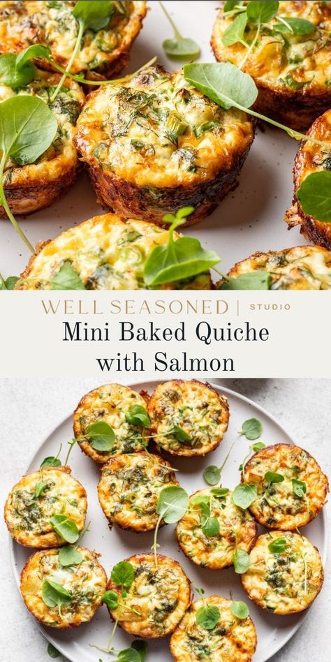 These Mini Baked Salmon Quiche are the perfect savory first bite for any brunch spread. Filled with tender, flaky baked salmon, potatoes, fresh herbs, and watercress, this quiche recipe is not only flavorful, but filling too. Serve with a dollop of sour cream or creme fraiche. Freezer-friendly and easily adaptable to be GF. #wellseasonedstudio #quiche #salmonquiche #miniquivhe Salmon Brunch Ideas, Salmon Quiche Recipes, Quiche Salmon, Salmon Potatoes, Smoked Salmon Quiche, Blw Ideas, Office Breakfast, Salmon Fishcakes, Salmon Quiche