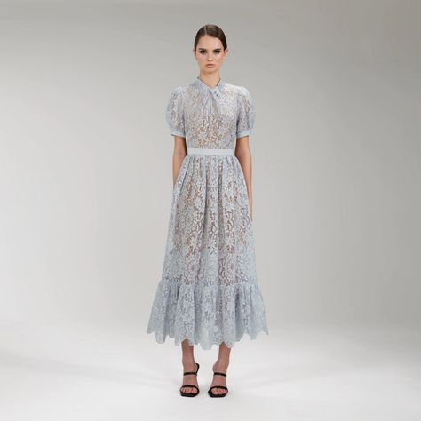 Blue Guipure Lace Midi Dress | self-portrait-US Guipure Lace Dress, Lace Front Dress, Formal Lace Dress, Red Lace Midi Dress, Knit Lace Dress, Self Portrait Dress, Garden Party Dress, Lace Blue Dress, Guipure Lace