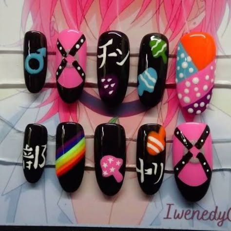 Anime Nail Designs, Yuri Ayato, Anime Nail, Yarichin B Club, Fake Nails Designs, Anime Nails, Gothic Nails, Kawaii Nails, Custom Hand Painted