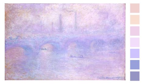 Claude Monet, Waterloo Bridge, effect of fog; 1903. Hermitage Museum©️Colour palette illustration Zena O’Connor, PhD. Monet Colour Palette, Claude Monet Color Palette, Monet Color Palette, Monet Palette, Colour Palette Illustration, Monet Wedding, Palette Illustration, Claude Monet House, Student Lounge