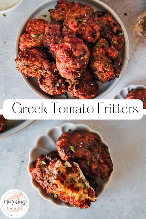 A stack of golden Greek Tomato Fritters are also served up on a plate and another small plate with one fritter with a bite out of it Tomato Fritters, Spinach Fritters, Vegetarian Snack, Christmas Eats, Tomato Spinach, Fritters Recipe, Summer Produce, Summer Menu, Zucchini Fritters