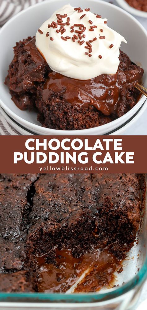 This quick and easy Chocolate Pudding Cake recipe is two desserts in one - a chocolate cake on top with a rich chocolate pudding sauce underneath. Chocolate Cake Mix With Pudding Added, Easy Chocolate Pudding Cake, Easy Desserts With Chocolate Pudding, Desserts Using Chocolate Pudding, Easy Chocolate Cobbler Recipe Cake Mixes, Easy Pudding Cake Recipe, Chocolate Pudding Cake Mix Recipe, Boxed Pudding Recipes, What To Make With Chocolate Pudding