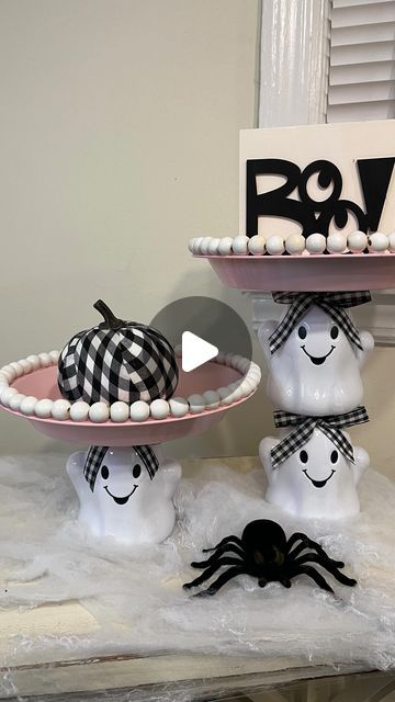 Custom Items/Event Decor/Balloons on Instagram: "OK guys it’s September 1st, It’s safe to say we can start decorating for Halloween now 🤣 here’s another dollar tree DIY Halloween home decor video!   To create this look you’re going to need  3 ghost cups  2 pie pans 1 buffalo plaid ribbon  4 wooden bead strands   Spray paint and a hot glue gun   . . . . . . #create #diy #supportsmallbusiness #shoplocal #share #trending #howtovideo  #inspo #halloweendecor #dollartree #dollartreediy #craftymomma #craftlife #pinkghost #entrepreneur #explore" Dollar Tree Halloween Tree, Dollar Tree Diy Halloween, Ghost Cups, Wooden Halloween Decorations, Diy Halloween Home Decor, Decor Balloons, Buffalo Plaid Ribbon, Dollar Tree Halloween, September 1st