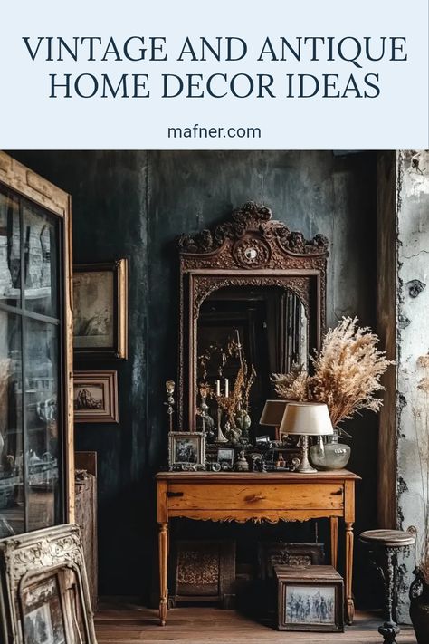 This pin showcases vintage and antique home decor ideas with timeless charm, blending unique aesthetics and styles into living spaces using 1 image. Eclectic Antique Living Room, Industrial Vintage Bedroom, Antique Eclectic Decor, Interesting Interior Design, Old World European Decor, Antique And Modern Mix Decor, Pioneer Decor, Antique Shop Aesthetic, Antique Booth Ideas Staging