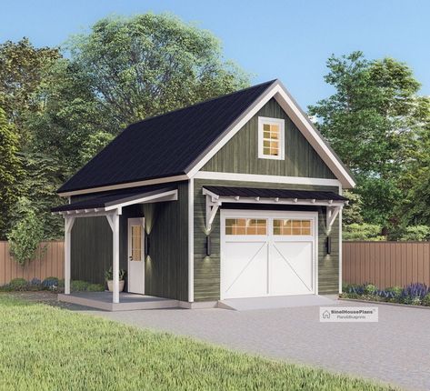 Single Garage Architectural Plan with Loft, 16'x24' Traditional One Car Garage Blueprint by SinelHousePlans on Etsy Garage With Bunkhouse, Lean To Off Storage Building, Small Garages Detached, One Car Garage With Loft, 1 Car Garage With Loft, Garage With Rooftop Patio, Window Above Garage Door, Garage With Suite Above, Garage With Patio Attached