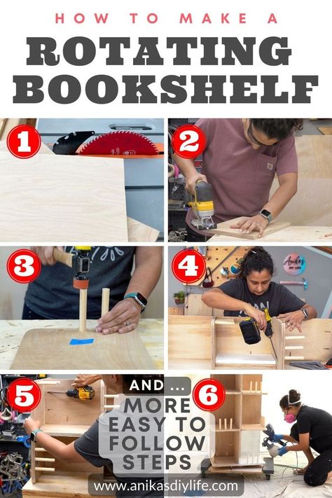 collage of woman building rotating bookcase Library Goals, Sliding Bathroom Door, Diy Bookcase, Rotating Bookshelf, Home Decor Modern Farmhouse, Corner Of A Room, Do It Yourself Home Decor, Wood Craft Ideas, Bookcase Diy