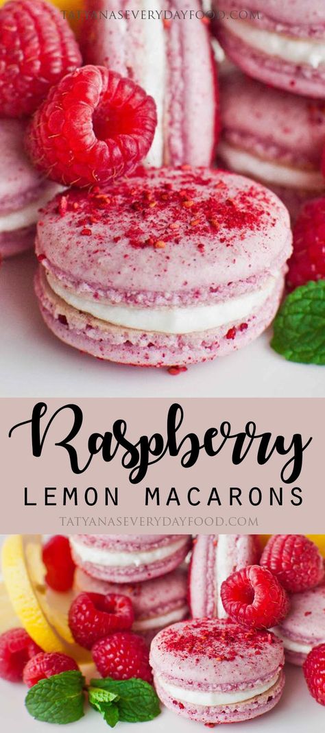 Macarons – the elusive, dreamy cookie recipe that haunts home pastry chefs! These little finicky cookies are a real treat to enjoy and can be a real treat to make, once you get a hang of it! These sweet raspberry macarons filled with a tart lemon filling are the first macarons I ever made! The […] Dessert Bord, Lemon Macaroons, Raspberry Macarons, Lemon Macarons, Elegant Cookies, Kue Macaroon, Kek Lapis, Coconut Dessert, Macaroon Cookies