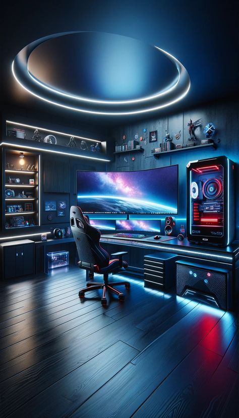 #ModernGamingLair

#UltraWideSetup

#RGBLife

#GamerMemorabilia

#FuturisticGaming Black Gaming Room, Streaming Room, Games Room Inspiration, Tech Room, Desk Setup Ideas, Computer Gaming Room, Gaming Rooms, Wall Shelves Design, Modular Shelving