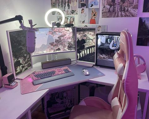 Black White And Pink Pc Setup, Pink Gaming Setup, Kawaii Desktop, Dream Setup, Gaming Desk Setup, Setup Gaming, Gamer Room Decor, Otaku Room, Video Game Room Design