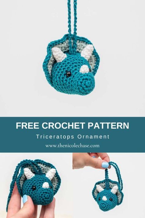 Crochet Dinosaur Ornament / Dinosaur Keychain Crochet Pattern Crochet Car Ornament, Nicole Chase, Keychain Crochet Pattern, Dinosaur Keychain, Crochet Project Free, Crochet Dinosaur Patterns, Dinosaur Ornament, Crochet Flats, Keychain Pattern