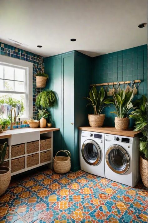 Bohemian laundry room with colorful tiles and macrame Bohemian Laundry Room, Room Decor Themes, Retro Laundry Room, Laundry Room Paint, Colorful Tiles, Country Laundry Rooms, Mudroom Flooring, Green Laundry, Stylish Laundry Room