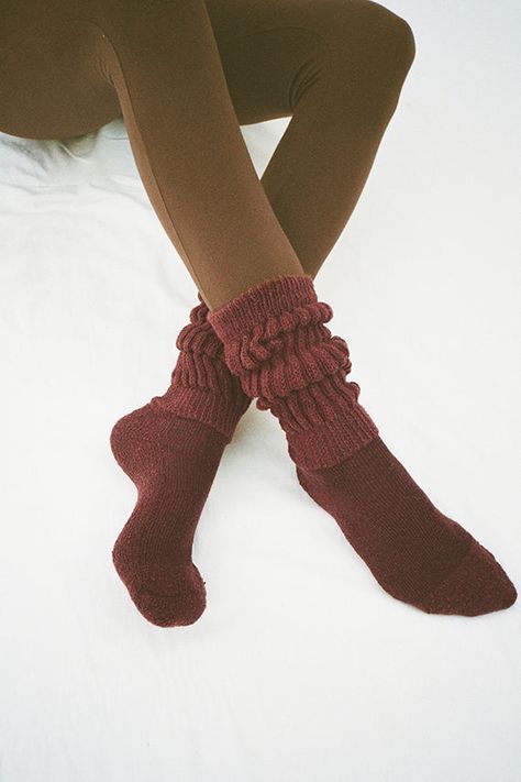 Slouchy knee high socks in a cotton/nylon blend. Thick ribbed cuff and a slim, fitted foot. Made in the USA. Available in multiple colors. Slouchy Socks Outfit, Slouch Socks Outfit, Slouchy Socks, Trippy Clothes, Cozy Pjs, Velvet Socks, Clothes Board, Slouch Socks, Sock Outfits