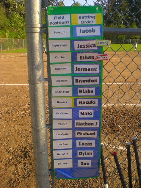 I do this for my son's team and works like a charm!  Go dug out parents!!! Tball Coach, Dugout Mom, Dugout Organization, Softball Team Mom, Team Mom Baseball, Baseball Dugout, Softball Crafts, Baseball Ideas, Batting Order