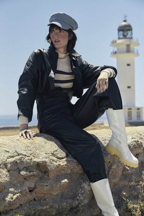 Sam Rollinson | S Moda | Nautical Inspired Fashion Editorial | Fashion Gone Rogue Dark Nautical Outfits, Fishermen Outfits, Nautical Aesthetic Outfit, Dark Nautical Aesthetic Outfits, Sailor Aesthetic Outfit, Lighthouse Outfit, Sailor Inspired Outfit, Sit Down Poses, Beach Pose Reference