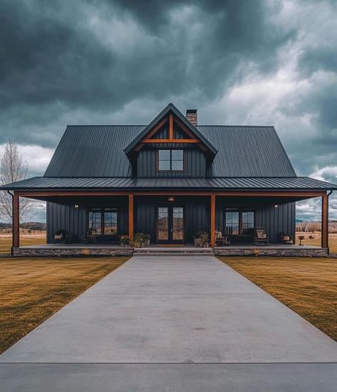 AY Custom Home Design Black Barndominium Exterior, Dark Farmhouse Exterior, Dark House Exterior, Dark Farmhouse, Barndominium Exterior, Black Barndominium, Dark House, Iron Ore, Custom Home Designs