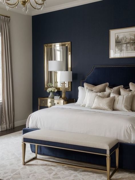 Hale Navy Accent Wall, Navy Accent Wall Bedroom, Navy Accent Wall, Bedroom Navy, Navy Accent Walls, Linen Bench, Navy Bedrooms, Hale Navy, Bedroom Ambiance