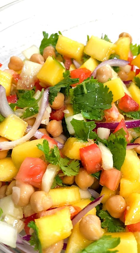 Mango Chickpea Summer Salad Chickpea Mango Salad, Mango Chickpea Salad, Garbanzo Salad, Prep Snacks, Cilantro Salad, Spring Mix Salad, Plantain Recipes, Food Salad, Meal Prep Snacks