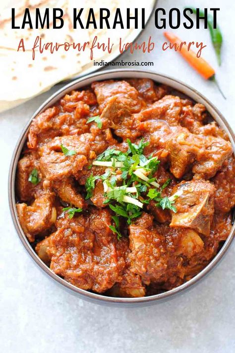 Lamb karahi gosht is succulent and juicy pieces of lamb in a thick gravy made with onions, ginger-garlic, tomatoes and a few choice spices. A rich and intensely flavourful lamb curry recipe that tastes like heaven with naan. #karahigosht #lambcurry #indianrecipes Lamb Karahi, Palak Chicken, Lamb Curry Recipes, Tandoori Masala, Lamb Curry, Savory Pies, Indian Bread, Vegetable Curry, Lamb Recipes