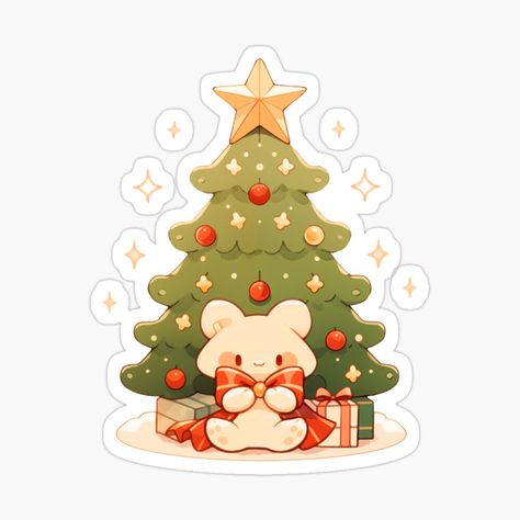 Cute Kawaii Christmas Tree with Presents by CozyKawaiiArt | Redbubble Christmas Sticker Ideas, Cute Christmas Illustration, Kawaii Christmas Tree, Christmas Chibi, Chibi Christmas, Kawaii Winter, Tree With Presents, Christmas Kawaii, Christmas Tree Illustration