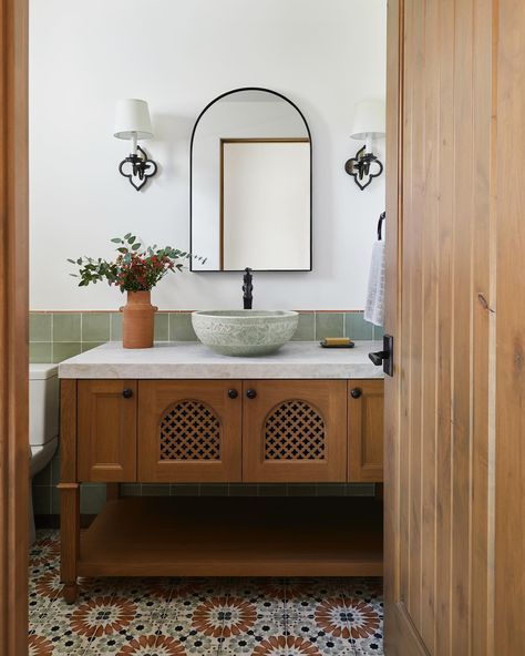 Resurfacing after a whirlwind weekend and stepping into this little Spanish powder is giving me all the life I need for this week. . . . @tramp.studio @pritzkat.johnson.architects . . . #interior #interiordesign #interiors #interiorstyling #interiores #spanishpowderroom #spain #bathroomdesign #homedecor #interiorstyling #decor #homestyle #interiordecor #interiordesignideas #design #architecture #spanishpowderroom #spanishdesign #manhattan #beachlife #beachcity #cliffside #bathroomdesign #b... Spanish Style Powder Room, Modern Southwest Bathroom, California Home Aesthetic, California Spanish Style Interior, Spanish Bathroom Hacienda Style, Hacienda Style Bathroom, Modern Spanish Bathroom, Spanish Revival Bathroom, Spanish Style Bathrooms Mexico