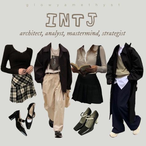 intj mbti type outfit inspo aesthetic Intj Women Outfit, Intj Personality Lookbook, Intj Personality Outfits, Intj Outfits Girl, Dark Academia Basic Wardrobe, Intj Outfit Women, Infj Aesthetics Outfit, Intj Women Fashion, Entj Style