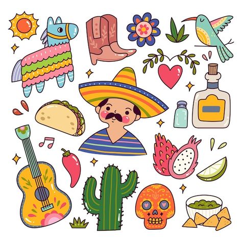 Mexico Culture Art, Cartoon Mexican, Doodle Vector, Mexican Traditions, Mexican Hat, Baby Play Activities, Easy Pixel Art, Mexico Culture, Quirky Illustration