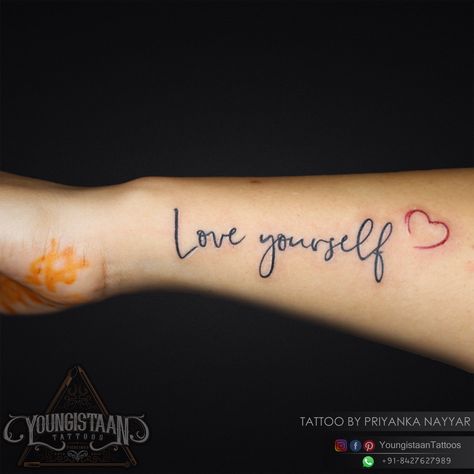 Calligraphy tattoo designs Love Yourself Tattoos For Women, Tattoo Love Yourself, Tattoos For Women Arm, Yourself Tattoo, Colored Tattoo, Love Yourself Tattoo, Korean Writing, Tattoo Love, Calligraphy Tattoo