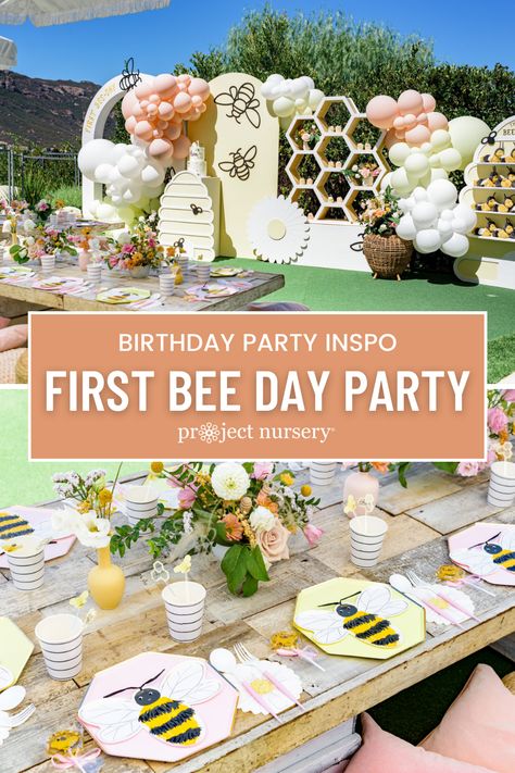 First birthday party ideas: First Bee Day! What a cute bumble bee themed party. Bee Birthday Party Table Decor, Bubble Bee Birthday Party, First Bee Day Centerpieces, Bumble Bee Themed Birthday Party, First Bee Day Table Decor, Bee Two Birthday, One Bee Birthday, Bees Party Ideas, 1st Birthday Activity Ideas