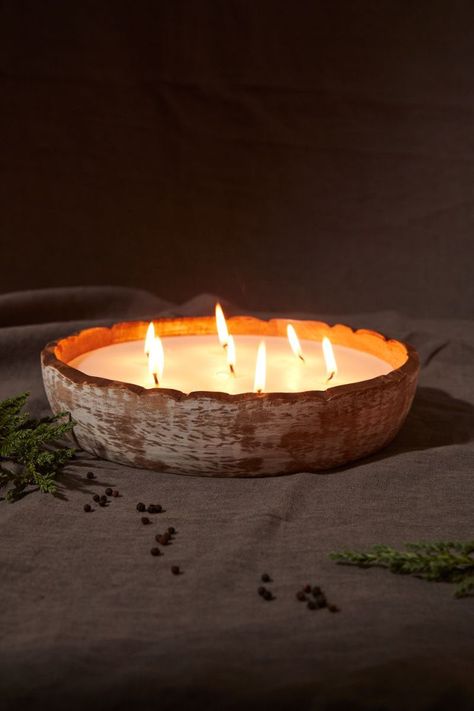 A Winter's Night Candle, available in two sizes, offers a luxurious winter ambiance to your home. The elegant wooden bowl and multi-wick base provide a warm, inviting glow, and the scents of peppercorn, leather and fir create an exclusive atmosphere perfect for any festive evening. Reuse the carved bowl for trinkets and keepsakes once the candle has burned away. Choose Size: Small - 7.75" in diameterLarge - 10.5" in diameter Make Scented Candles Diy, Winter Candle Aesthetic, Winter Ambiance, Warm Christmas Decor, Warm Candle, Night Candle, Bowl Candles, Winter Candles, Candle Bowls