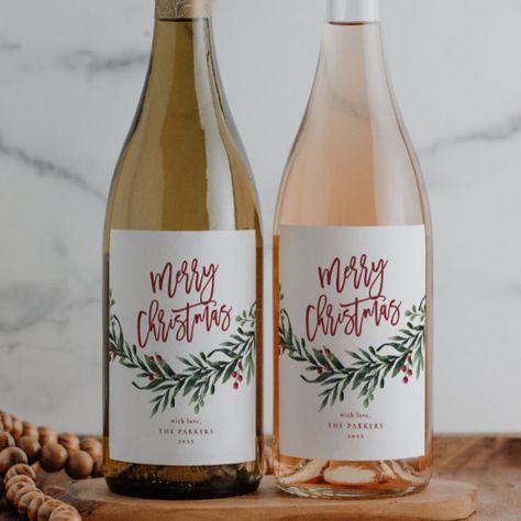 Script Merry Christmas Greenery Holiday Party Wine Label Christmas Wine Labels, Holiday Wine Label, Christmas Branches, Sparkling Wine Label, Christmas Party Themes, Christmas Pregnancy Announcement, Christmas Holiday Party, Christmas Wine Bottles, Holiday Party Favors