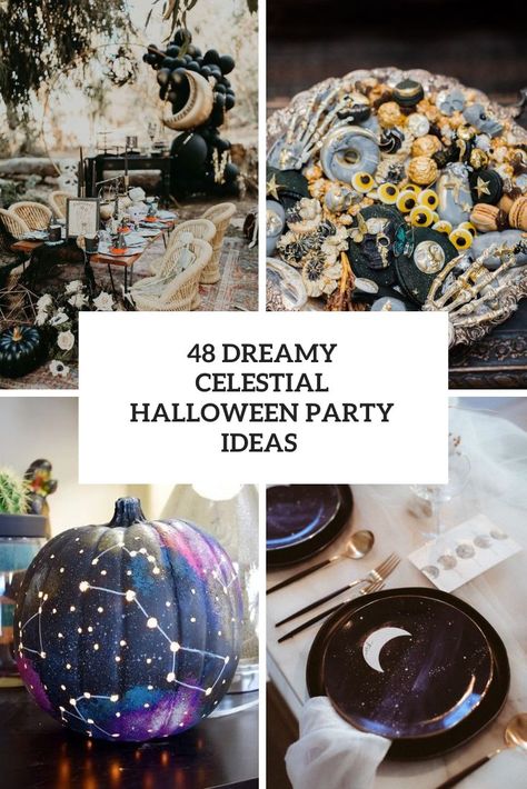 48 Dreamy Celestial Halloween Party Ideas - DigsDigs Celestial Halloween Decor, Witchy Party Ideas, Witches Night Out Party Ideas, Starry Decorations, Celestial Birthday Party, Witch Party Decorations, Celestial Halloween, Celestial Party, Classy Halloween Party