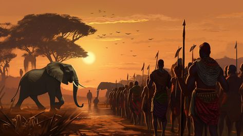 The African soldiers March strong to protect their lands. African Kingdom Concept Art, African Fantasy Landscape, African History Truths, African Mythology, Ancient Egypt History, Ancient Books, Egypt History, Africa Art, Beautiful Scenery Nature