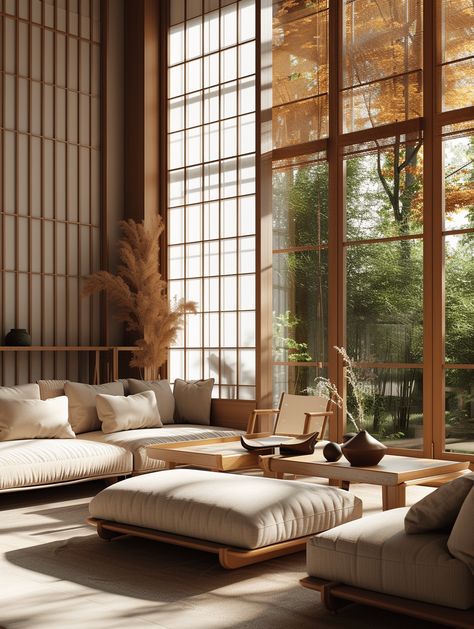 10 Essential elements of Japandi style home you need to know Japanese Living Room Aesthetic, Japandi Mansion, Japandi Materials, Japandi Facade, Japandi Color Scheme, Japandi Lounge, Dark Japandi, Zen Style Interior Design, Japandi Sofa