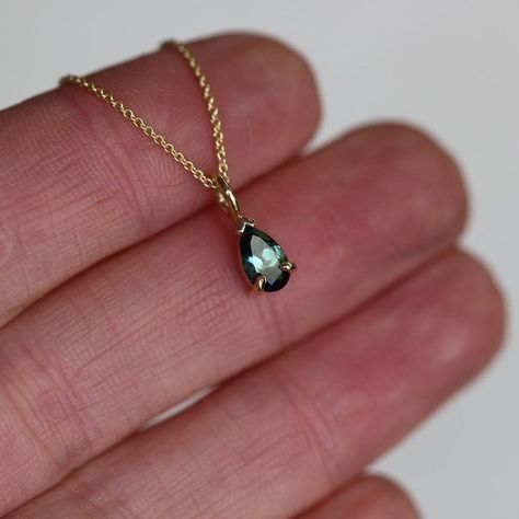 Dainty Sapphire Necklace, Montana Sapphire Necklace, Green Sapphire Necklace, Australian Sapphire, Pear Pendant, 14k Yellow Gold Necklace, Solitaire Necklace, Jewelry Design Inspiration, Nature Necklace