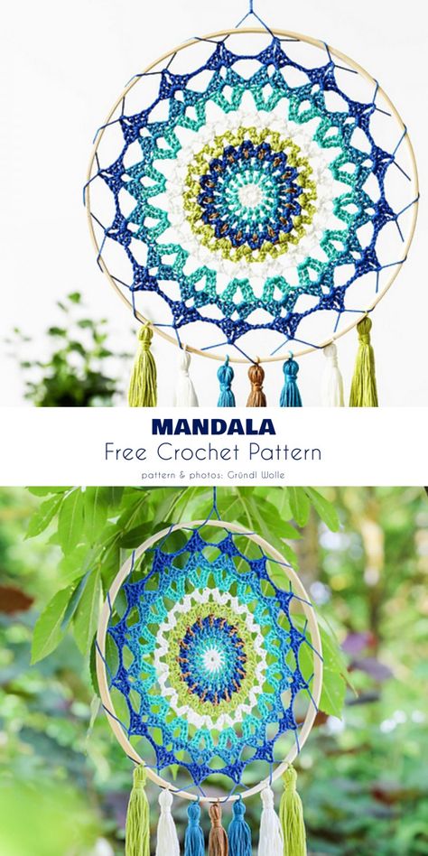 New Year Project Ideas: Happy Mandalas Dream Catcher Step By Step, Free Mandala Crochet Patterns, Sunflower Wreath Diy, Crochet Dreamcatcher Pattern, Crochet Dream Catcher, Circle Crafts, Crochet Dreamcatcher, Mandala Wall Hanging, Crochet Mandala Pattern