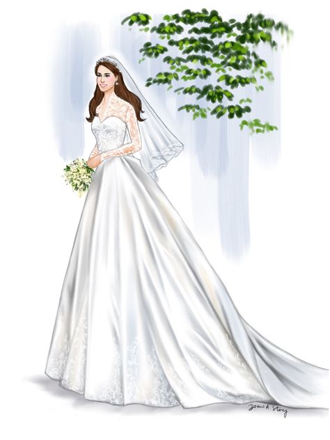 Kate Middleton in Alexander McQueen | Illustrated by Draw A Story Kate Und William, Duchesse Kate, Wedding Dress Illustrations, Royal Wedding Gowns, Kate Middleton Wedding, Prins William, Wedding Dress Sketches, Princess Meghan, Prins Harry