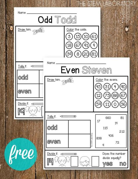 I love these Odd Todd and Even Steven activity sheets! Such a fun way to practice odd and even numbers. These free odd and even activity sheets are perfect for morning work, math stations or homework practice! #mathfreebies #mathcenters #thestemlaboratory Odd And Even Numbers, Even Numbers, Math Number Sense, Math Intervention, Second Grade Math, Math Methods, Math Workshop, Homeschool Math, Math Numbers