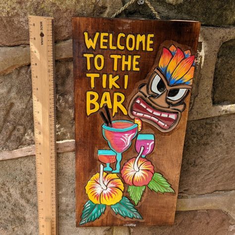 Aloha Sign, Beach Signs Wooden, Tiki Bar Signs, Bar Shed, Sign Fonts, Tiki Bar Decor, Tiki Decor, Tiki Mask, Man Cave Home Bar