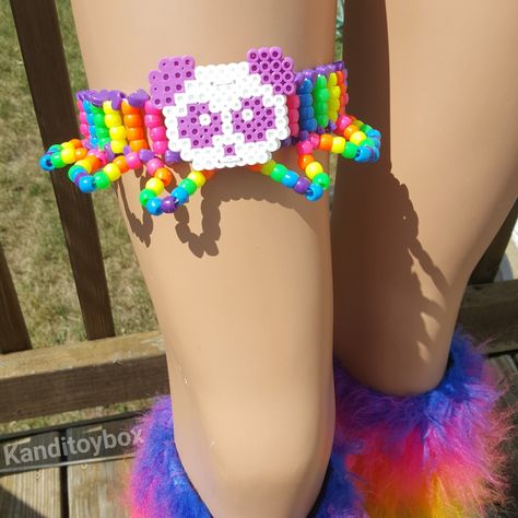 Kandi Leg Garter, Kandi On Shoes, Kandi Garter, Pride Kandi, Rave Kandi Ideas, Arcade Carpet, Rave Bracelets, Rave Aesthetic, Kandi Cuff Patterns