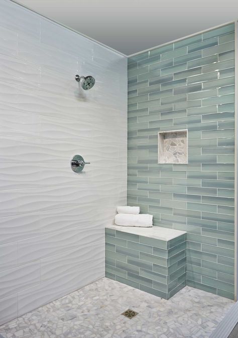 1950s Bathroom Remodel, Glass Tile Shower, Primary Bed, Half Bathroom Remodel, Tiled Bathroom, Bathroom Showers, Narrow Bathroom, House Vibes, Bathroom Farmhouse Style