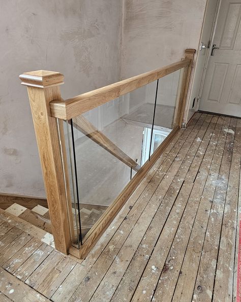 🏠✨ Schedule your staircase design and build consultation today! Check out this stunning oak staircase with a glass-embedded balustrade 👌🏼 What a beauty 🤌🏼 #BeforeandAfter #StaircaseBanisters Oak Balustrade, Staircase Glass Design, Balustrade Design, Oak Staircase, Hall Ideas, House Staircase, Glass Staircase, Glass Balustrade, Home Stairs Design