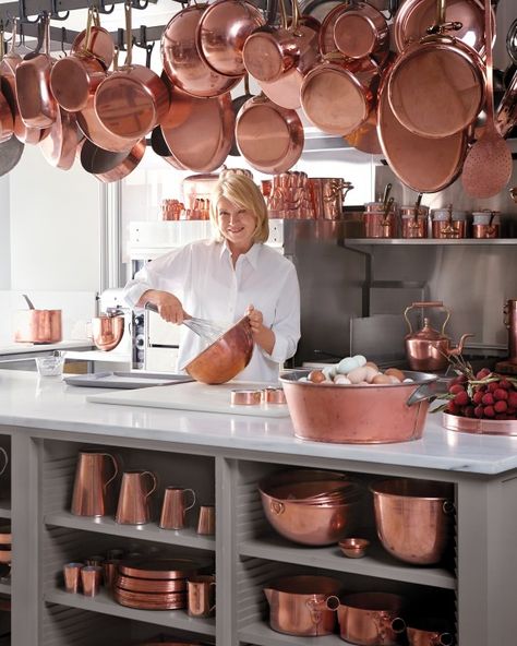 Martha whisks egg whites in a copper bowl, the traditional vessel French chefs use for this task. The reaction between the metal and the egg whites makes for a loftier meringue. Copper Pots And Pans, Martha Stewart Kitchen, Copper Molds, Copper Decor, Copper Pans, Copper Cookware, Copper Bowl, Copper Pots, Pot Rack